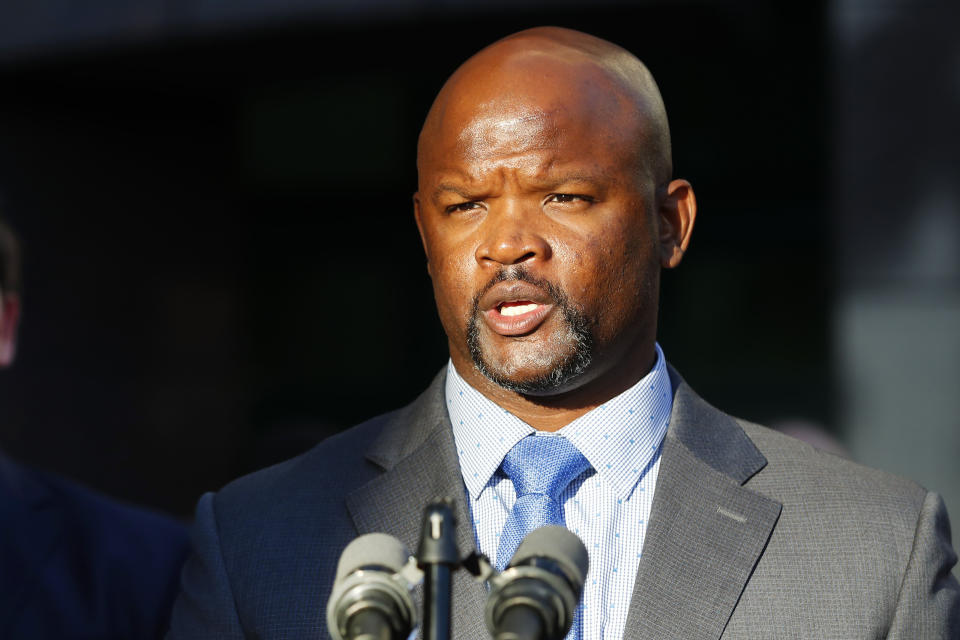 In this Jan. 11, 2019 photo acting sheriff Gregory Tony speaks at the Broward County Sheriff's Office Fort Lauderdale headquarters in Fort Lauderdale, Fla. Tony is running against former Sheriff Scott Israel in the upcoming Florida primary. (AP Photo/Wilfredo Lee, File)