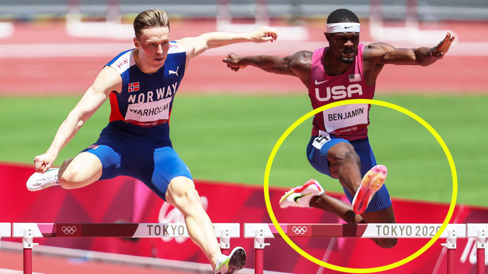 Karsten Warholm (pictured left) jumping a hurdle next to Rai Benjamin (pictured right) during the 400m hurdle final at the Olympics.