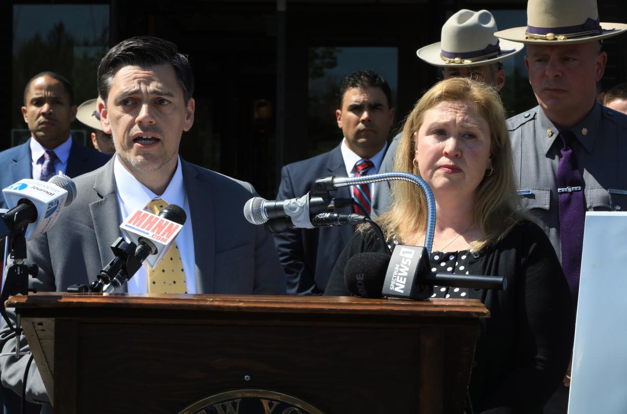 James and Karen Whalen, brother-in-law and sister of Megan McDonald speak at an April 20, 2023, press conference announcing the arrest of Edward Holley in McDonald's 2003 murder. The family learned from special prosecutor Julia Cornachio on Jan. 29, 2024, that an Orange County grand jury has indicted Holley on a second-degree murder charge.