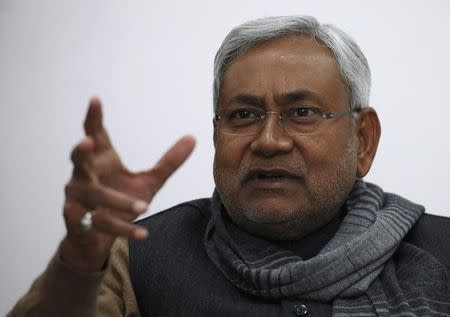 File Photo: Bihar's chief minister and leader of Janata Dal United party Nitish Kumar gestures during an interview with Reuters in the eastern Indian city of Patna January 8, 2012. REUTERS/Adnan Abidi