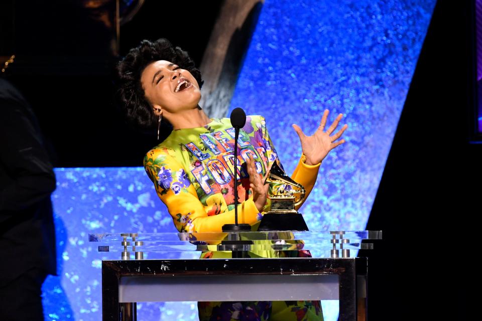 Esperanza Spalding accepts Michelle Obama's Grammy win for "Becoming" and also snagged one of her own: best jazz vocal album for “12 Little Spells."