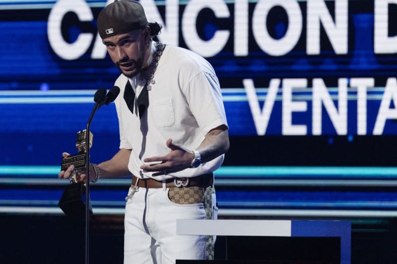 Bad Bunny receives an award at the 2023 Latin Billboard Music Awards at the University of Miami, Watsco Center on October 5 in Coral Gables, Fla. File Photo by Gary I Rothstein/UPI