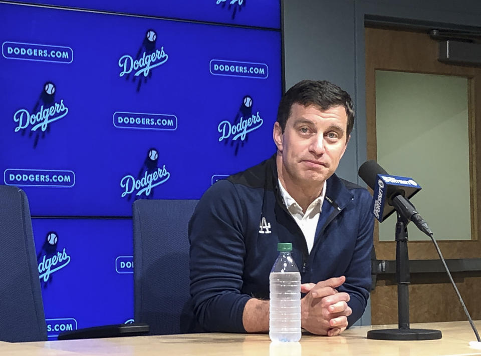 Andrew Friedman, president of baseball operations, discusses the Los Angeles Dodgers offseason at a news conference at Dodger Stadium in Los Angeles Monday, Oct. 14, 2019. His contract with the team expires at month's end. (AP Photo/Beth Harris)