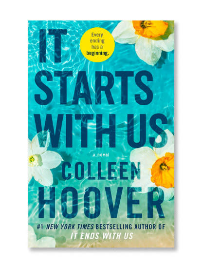 "It Starts With Us" book cover, by Colleen Hoover. The cover shows a water scene with daffodils floating across the page.