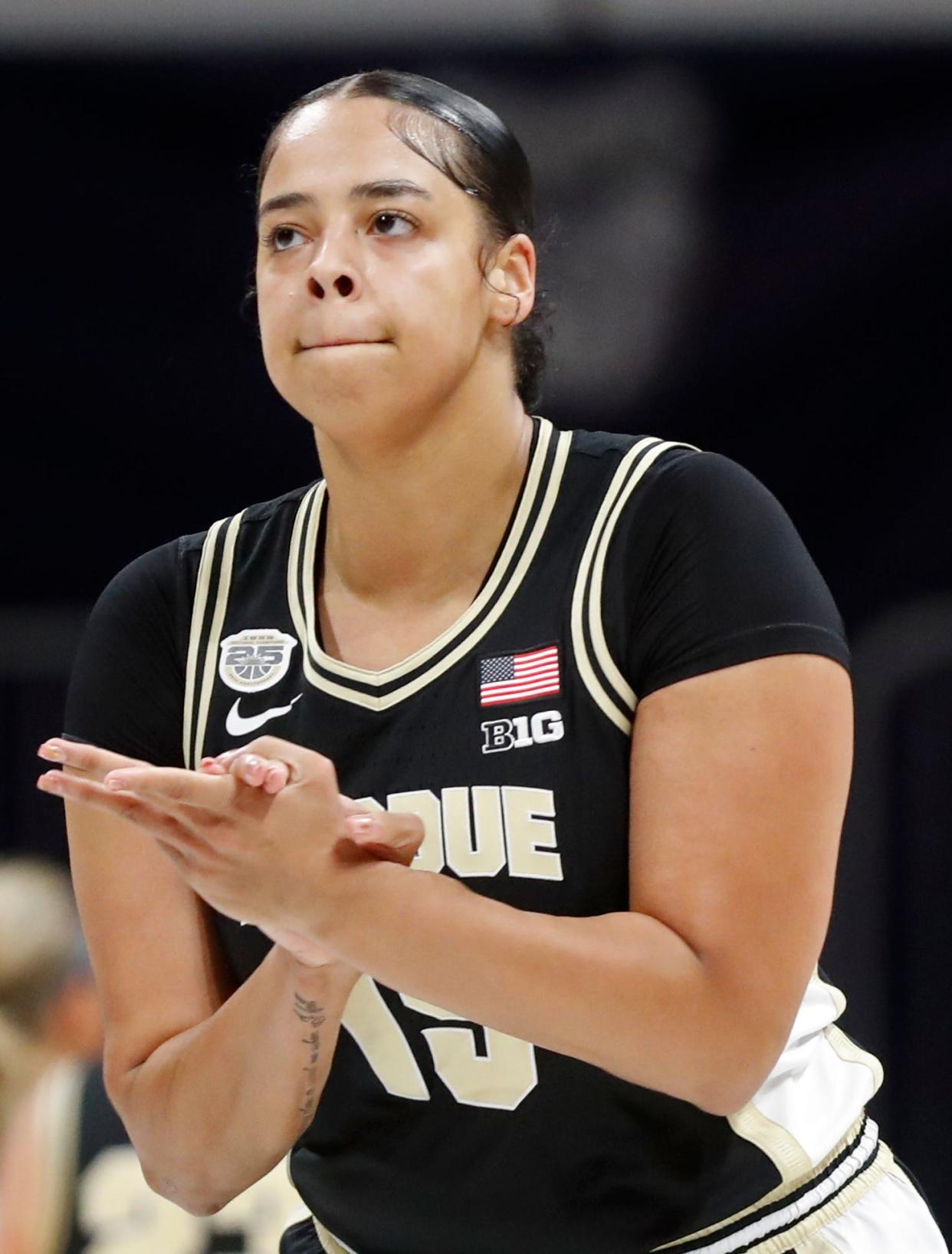 Purdue Boilermakers forward Mila Reynolds (15) celebrates after scoring during NCAA WNIT Basketball Tournament game against the Butler Bulldogs, Monday, March 25, 2024, at Hinkle Fieldhouse in Indianapolis. Purdue Boilermakers won 62-51.