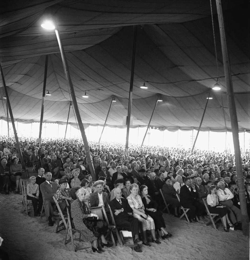 A canvas tent, seating over 6,000, was erected for Graham's revival in Los Angeles, California, in 1949.