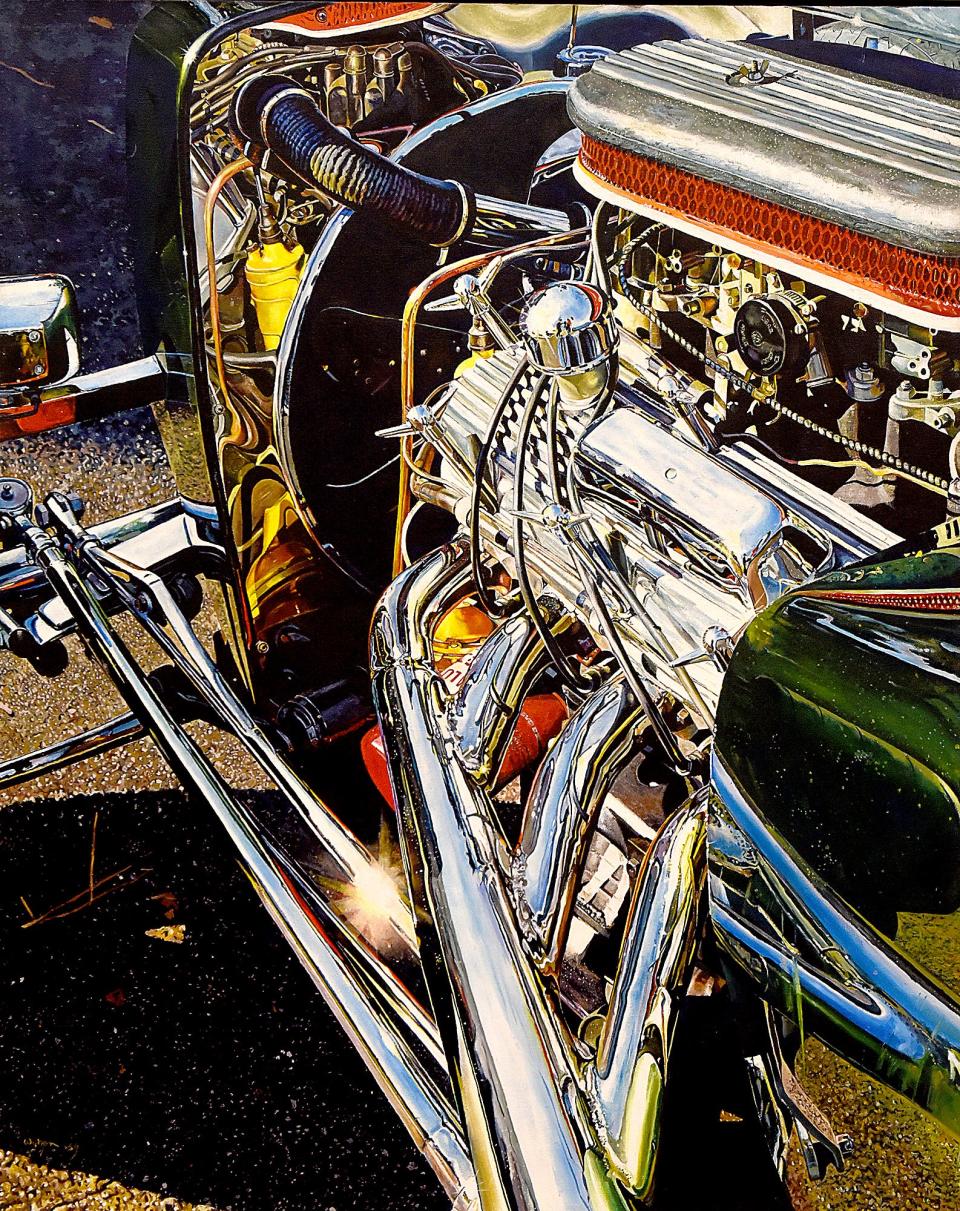 A painting of Tom Watson’s called “Love ’69” was one of Tom’s favorites, according to his wife, Kim. He painted the hot rod engine the year his son Tom was born.