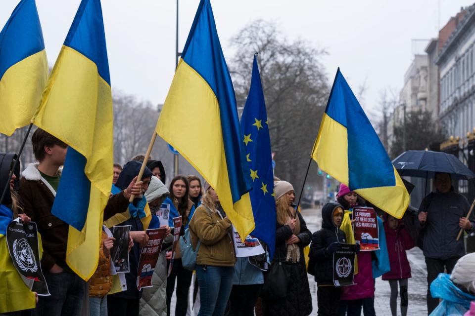 About 50 Ukrainians demonstrate at the Avenue des Arts, in front of the office of the United Nations on April 1, 2023 in Brussels, Belgium (Getty Images)