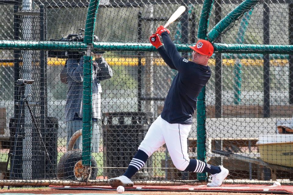 Detroit Tigers outfielder Kerry Carpenter bats at pracrtice during spring training at TigerTown in Lakeland, Fla. on Monday, Feb. 19, 2024.