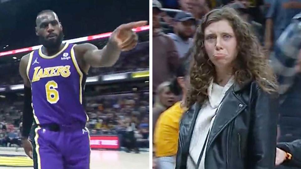 LeBron James (pictured left) pointing at a fan that got ejected (pictured right) at the Pacers v Lakers game.