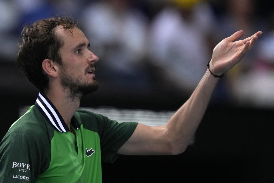 Daniil Medvedev of Russia celebrates after defeating Hubert Hurkacz of Poland during their quarterfinal match at the Australian Open tennis championships at Melbourne Park, Melbourne, Australia, Wednesday, Jan. 24, 2024. (AP Photo/Louise Delmotte)