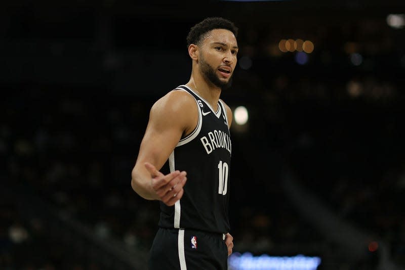 MILWAUKEE, WISCONSIN - OCTOBER 12: Ben Simmons #10 of the Brooklyn Nets reacts to an official call during a preseason game against the Milwaukee Bucks at Fiserv Forum on October 12, 2022, in Milwaukee, Wisconsin.