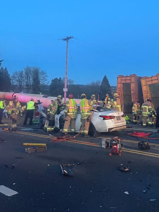 A two car crash, which left one of the vehicles on fire, injured three people on Mar. 30. 2024. (Courtesy: Tualatin Valley Fire & Rescue)