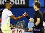 Andy Murray of Britain shakes hands with Nick Kyrgios (L) of Australia after defeating him in their men's singles quarter-final match at the Australian Open 2015 tennis tournament in Melbourne January 27, 2015. REUTERS/Thomas Peter