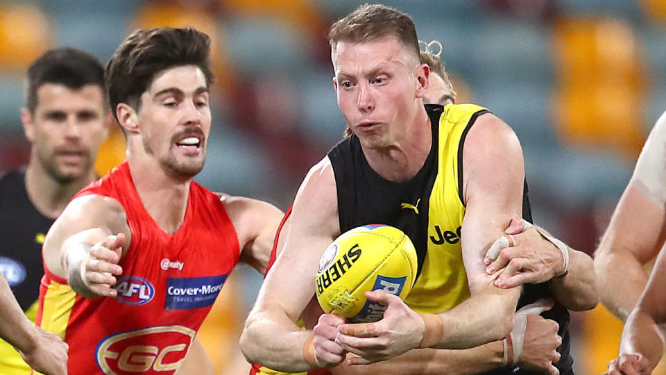 Richmond's Dylan Grimes was subjected to a series of nasty social media threats last weekend. (Photo by Jono Searle/AFL Photos/via Getty Images)
