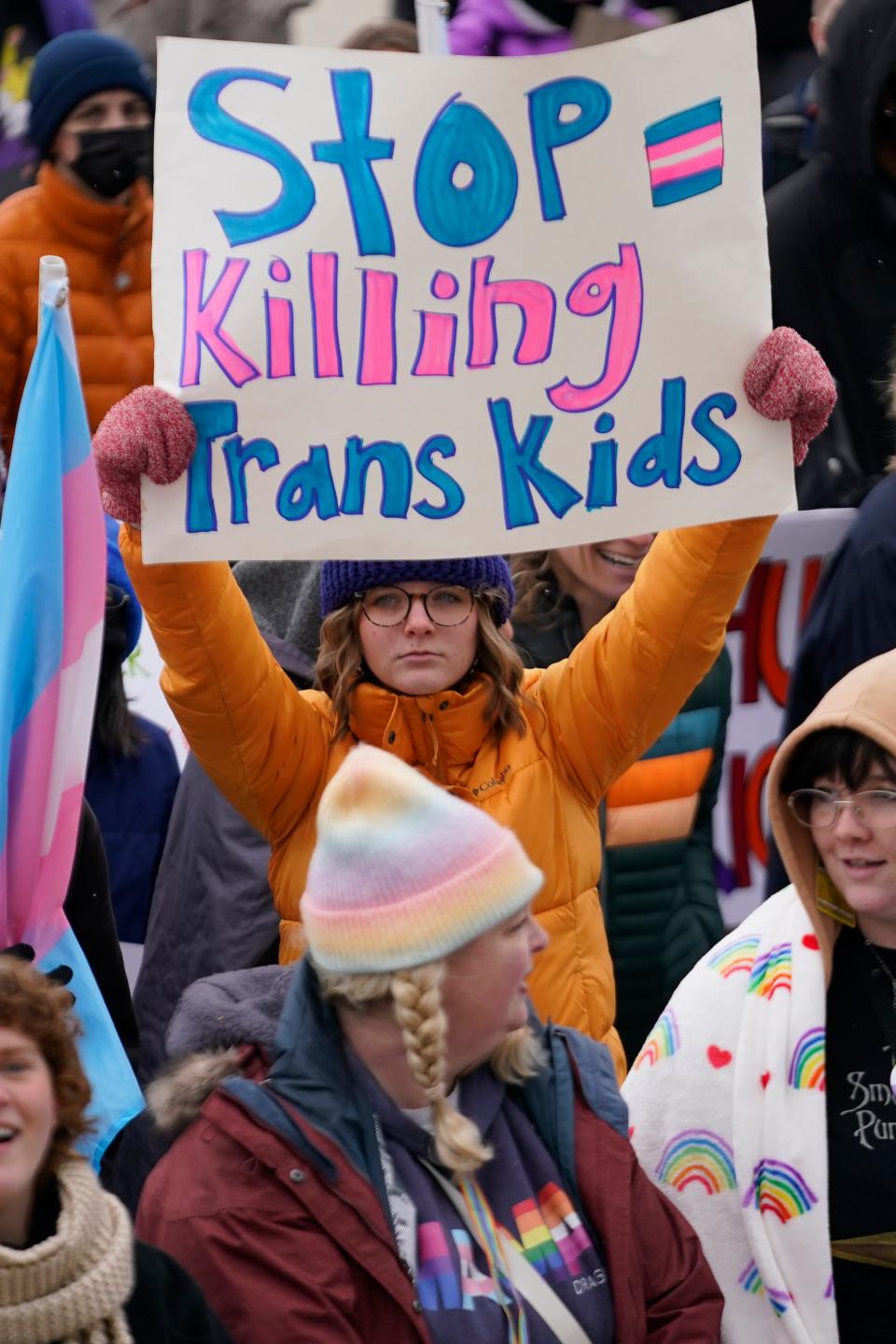 People gather in support of transgender youths during a rally at the Utah Capitol on Jan. 24, 2023, in Salt Lake City.