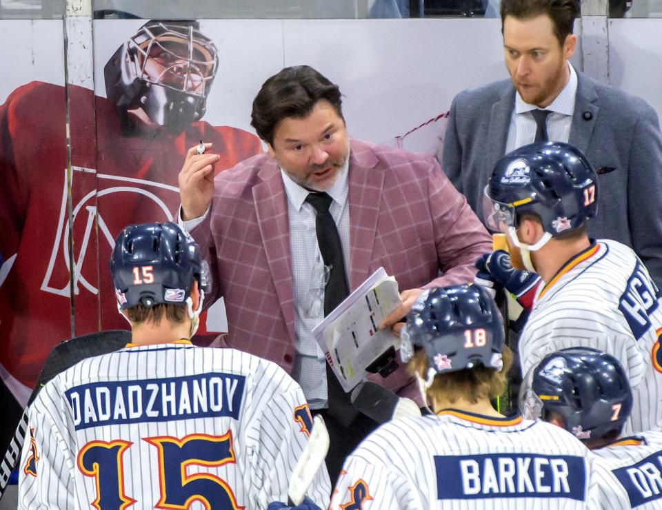 Peoria Rivermen head coach Jean-Guy Trudel instructs his players against Quad City late in the third period of their SPHL hockey game Saturday, April 6, 2024 at the Peoria Civic Center.