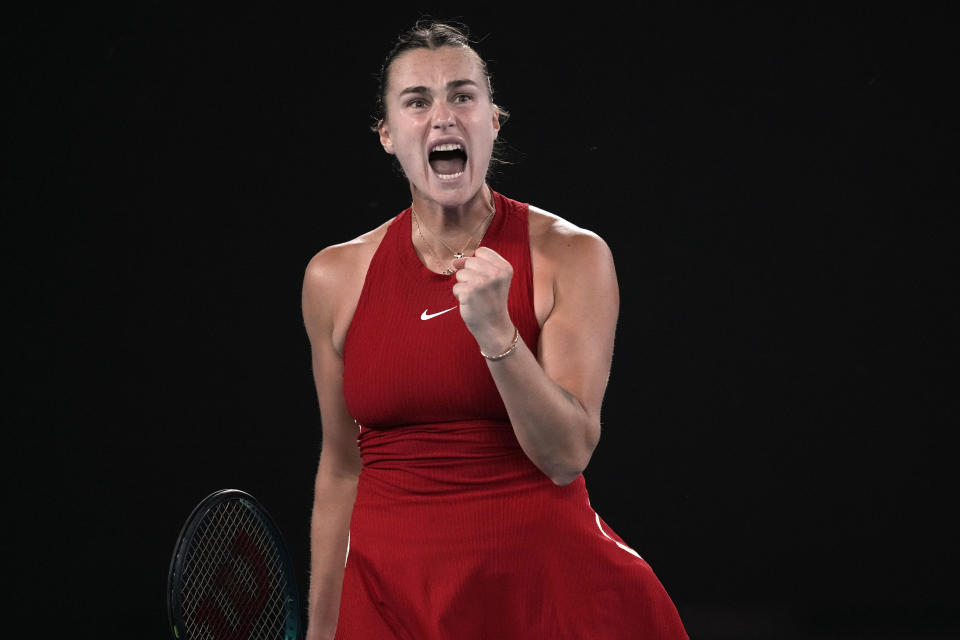 Aryna Sabalenka of Belarus reacts during her quarterfinal against Barbora Krejcikova of the Czech Republic dat the Australian Open tennis championships at Melbourne Park, Melbourne, Australia, Tuesday, Jan. 23, 2024. (AP Photo/Louise Delmotte)