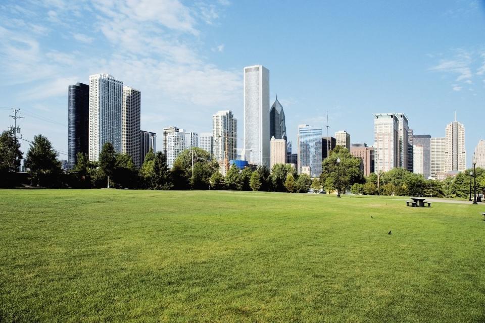 a grassy field with a city in the background