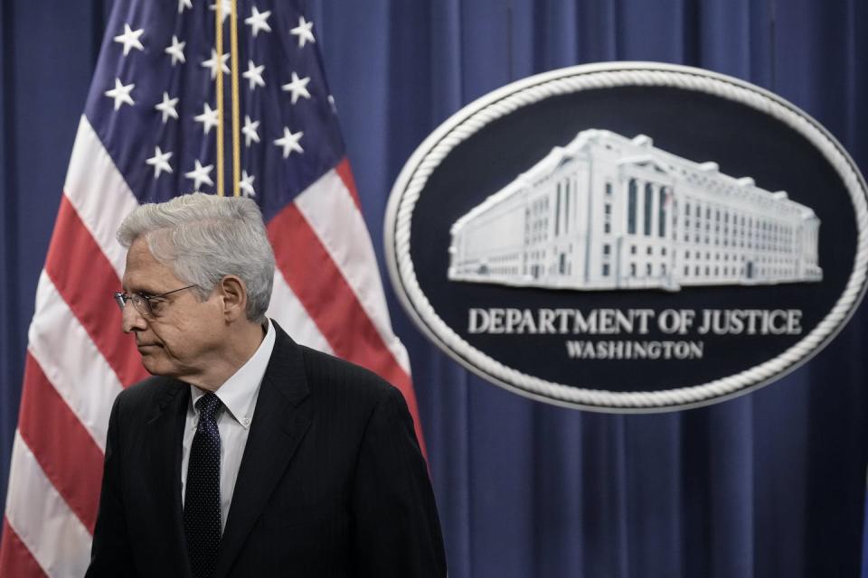U.S. Attorney General Merrick Garland after making a public statement about the search of Donald Trump’s home. <a href="https://www.gettyimages.com/detail/news-photo/attorney-general-merrick-garland-departs-after-delivering-a-news-photo/1242440951?adppopup=true" rel="nofollow noopener" target="_blank" data-ylk="slk:Drew Angerer/Getty Images;elm:context_link;itc:0;sec:content-canvas" class="link ">Drew Angerer/Getty Images</a>