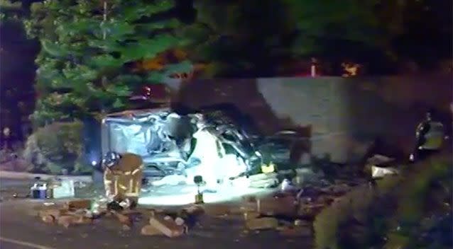 Five people were left injured after a car crashed into a brick wall in Melbourne. Source: 7 News