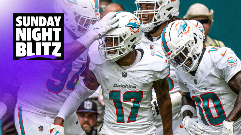 Miami Dolphins wide receiver Jaylen Waddle (17) celebrates scoring a touchdown with Miami Dolphins defensive tackle Christian Wilkins (94) and Miami Dolphins wide receiver Tyreek Hill (10) during an NFL football game against the New York Giants, Sunday, Oct. 8, 2023, in Miami Gardens, Fla. (AP Photo/Doug Murray)