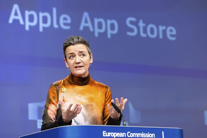 EU Commission Vice President Margrethe Vestager speaking to the media on Apple Music streaming services at EU headquarters in Brussels, March 2024