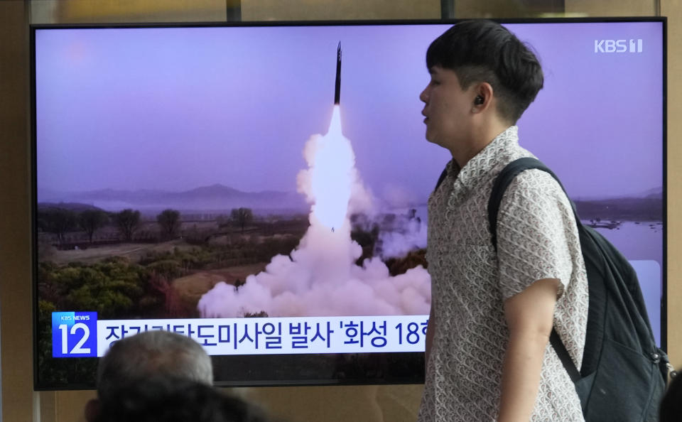 A TV screen shows a file image of North Korea's missile launch during a news program at the Seoul Railway Station in Seoul, South Korea, Wednesday, July 12, 2023. North Korea launched a long-range ballistic missile toward its eastern waters Wednesday, its neighbors said, two days after the North threatened "shocking" consequences to protest what it called a provocative U.S. reconnaissance activity near its territory. (AP Photo/Ahn Young-joon)