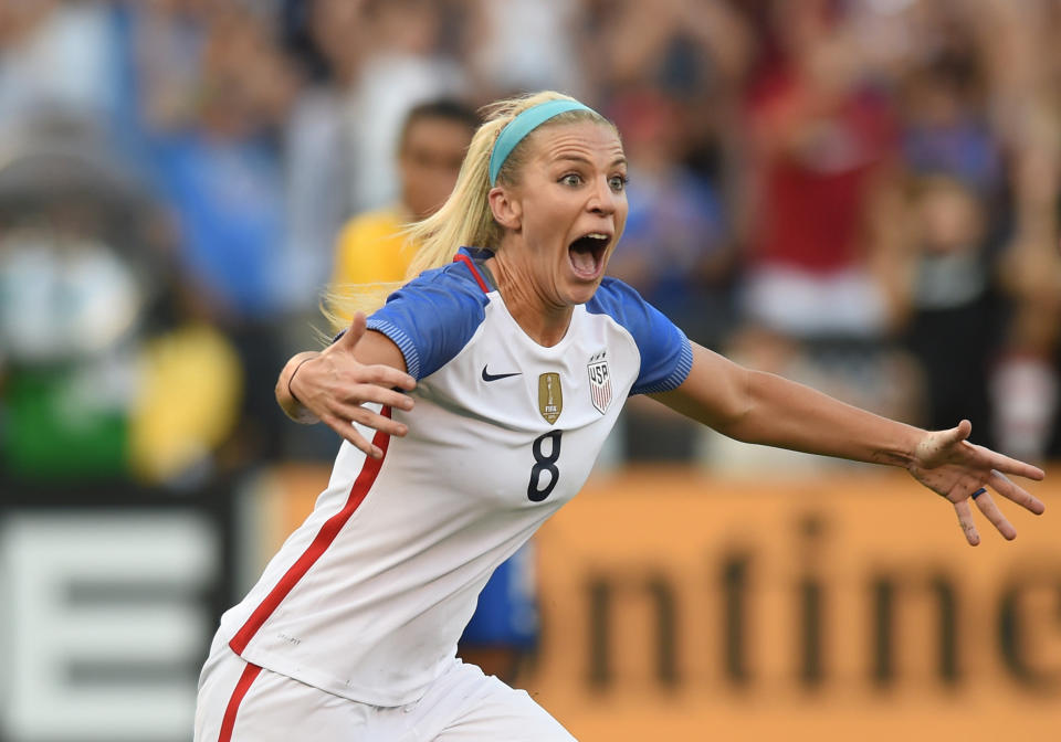 Julie Ertz reacts after scoring the game-winner against Brazil. (Photo: Icon Sportswire via Getty Images)