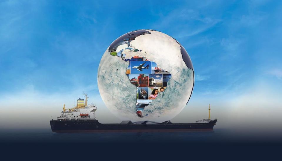 Large glass globe superimposed on a cargo vessel with images showing various economic contributors.