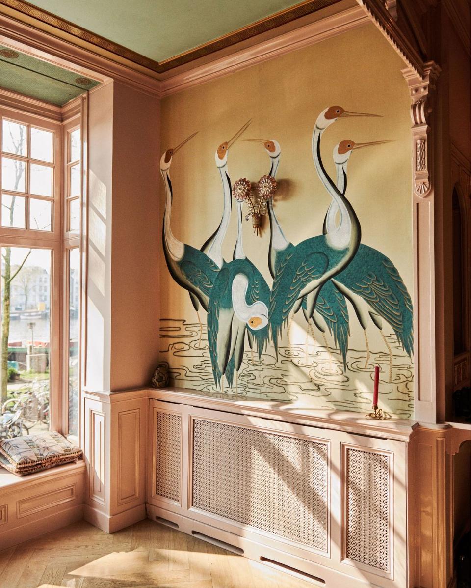 Sarus Cranes hand-painted wallpaper in a home designed by Rachel van der Brug of Rho Interiors.