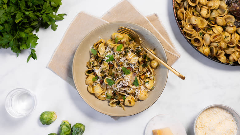 brussel sprout pasta in bowl 