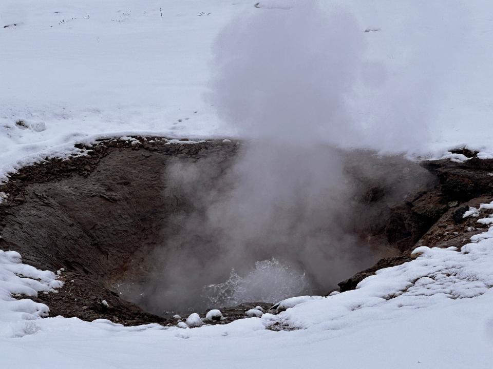 A geyser erupting in Iceland. Snow surrounded the geyser and steam comes out of the geyser