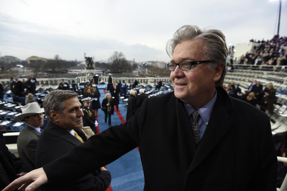 <p>Steve Bannon, appointed chief strategist and senior counselor to President-elect Donald Trump, arrives for the Presidential Inauguration of Trump at the US Capitol on January 20, 2017 in Washington, DC. (Photo: Saul Loeb – Pool/Getty Images) </p>