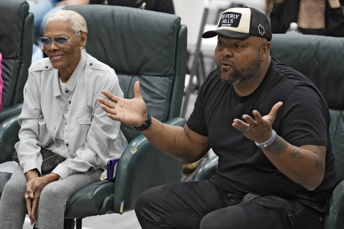 Dionne Warwick, left, and her son Damon Elliott sit in on a rehearsal for the touring show, “Hits! The Musical,” on Feb. 8, 2023 in Clearwater, Florida. (AP Photo/Chris O’Meara)