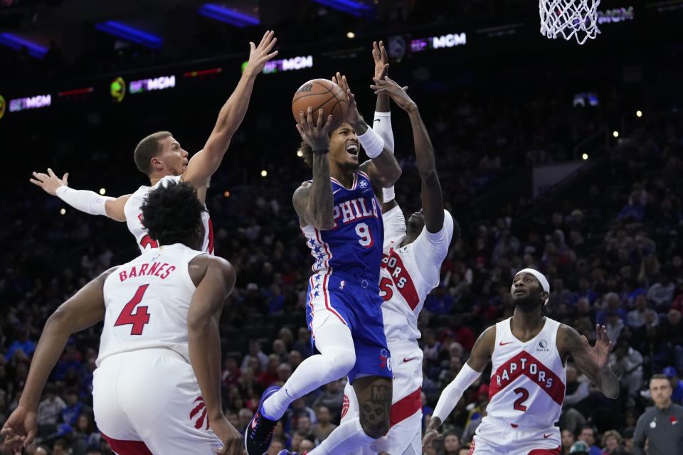 Philadelphia 76ers' Kelly Oubre Jr. (9) goes up for a shot during the first half of an NBA basketball game against the Toronto Raptors, Thursday, Nov. 2, 2023, in Philadelphia. (AP Photo/Matt Slocum)