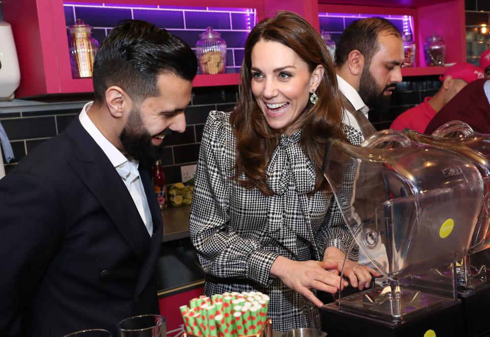 Britain's Catherine, Duchess of Cambridge helps make glasses of Kulfi lassi during a visit to the British Asian 'MyLahores' flagship restaurant in Bradford on January 15, 2020, to learn about some of the community work undertaken by the restaurant. (Photo by Chris Jackson / POOL / AFP) (Photo by CHRIS JACKSON/POOL/AFP via Getty Images)