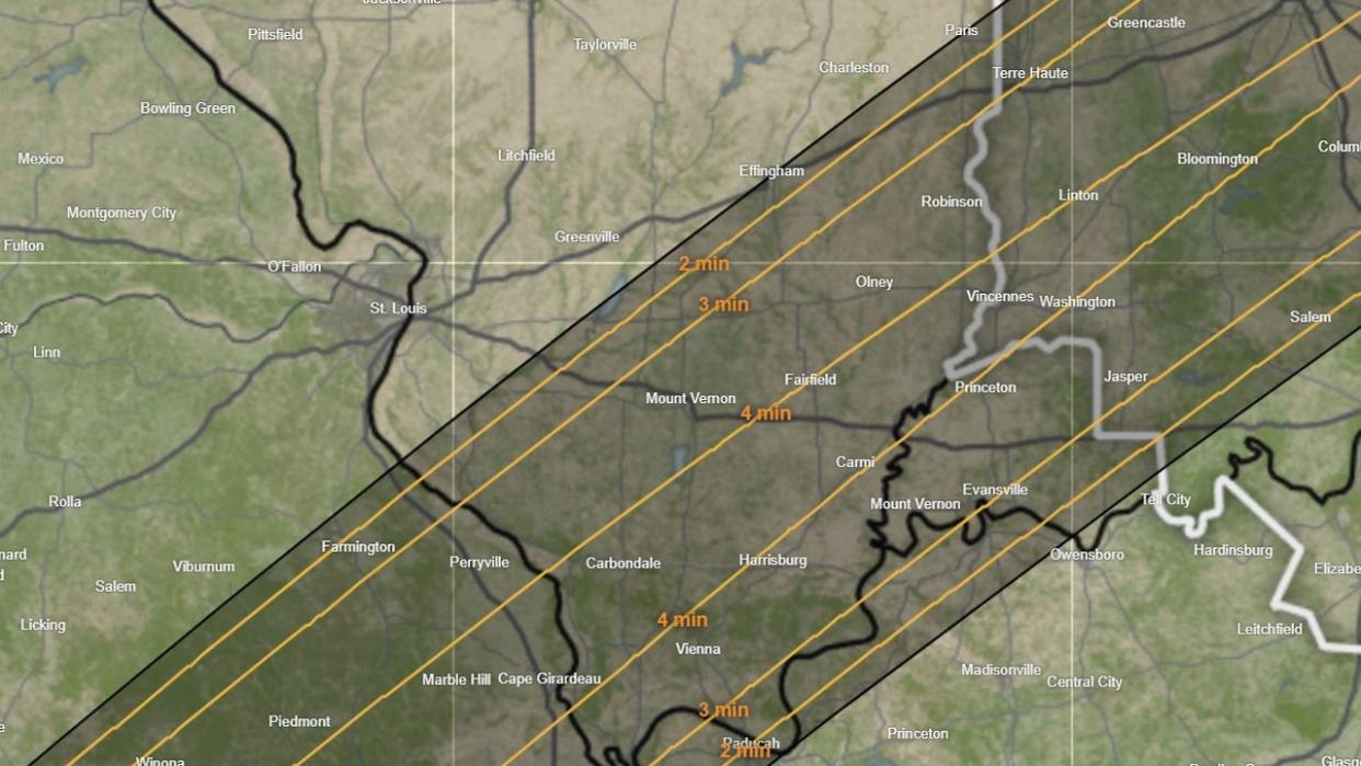 <div>The length of totality in southern Illinois is shown in orange | NASA</div>