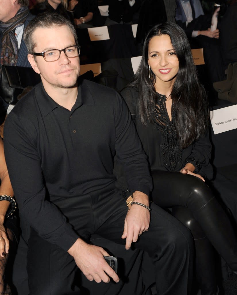 A-list actor Matt Damon and wife Luciana Barroso chatted to Alexa about Damon’s new Superbowl commerical sitting front row at Naeem Khan’s NYFW show. Penske Media via Getty Images