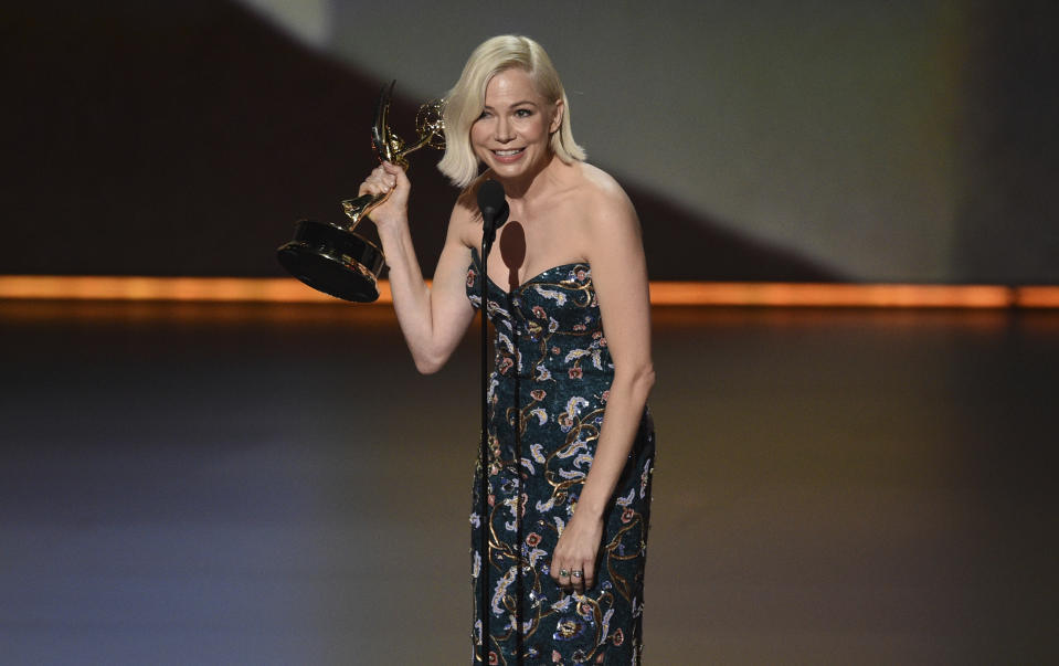 Michelle Williams accepts the award for outstanding lead actress in a limited series or movie for "Fosse/Verdon" at the 71st Primetime Emmy Awards on Sunday, Sept. 22, 2019, at the Microsoft Theater in Los Angeles. (Photo by Chris Pizzello/Invision/AP)