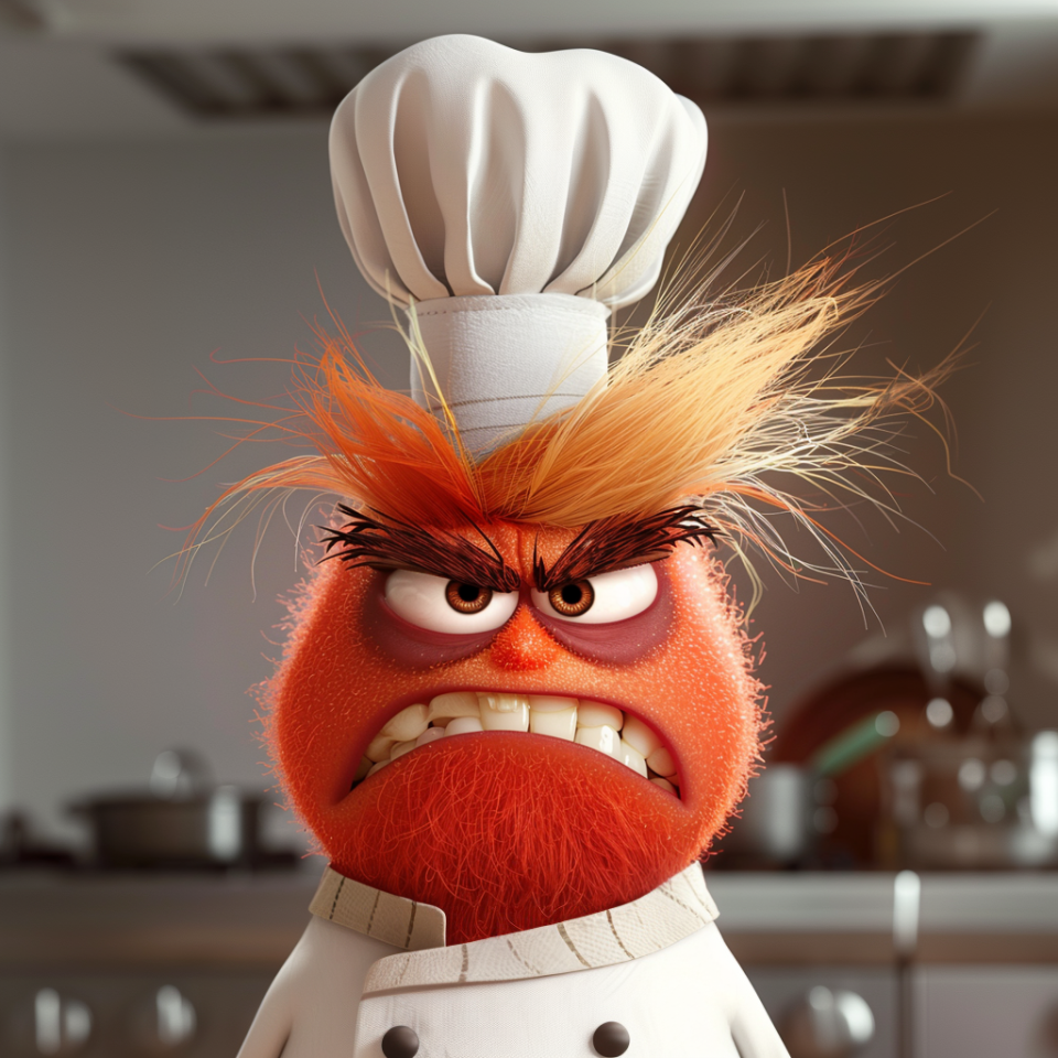 Animated character Chef Skinner from 'Ratatouille' with a scowl, in chef attire, and tall white hat