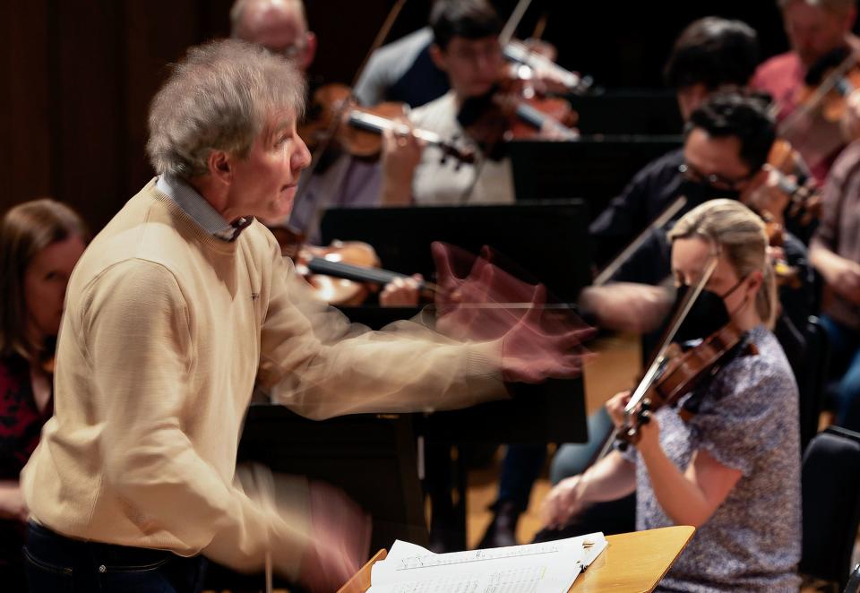 Thierry Fischer, the music director of the Utah Symphony, conducts during rehearsal at Abravanel Hall in Salt Lake City on Thursday, May 25, 2023. Fischer concludes his 14 years with the symphony this weekend. | Laura Seitz, Deseret News