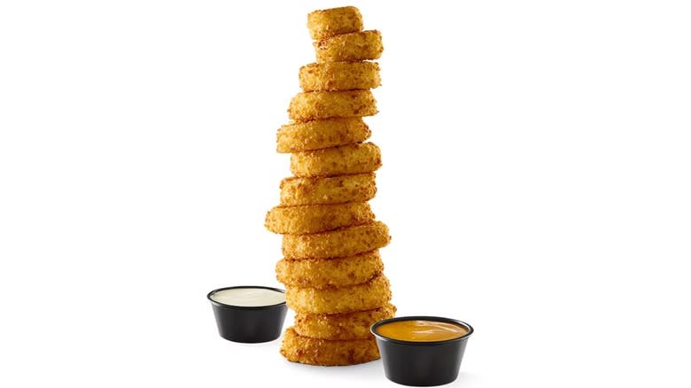 towering onion rings and sauces