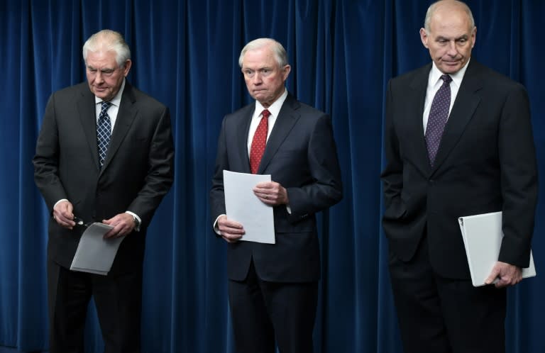 US Secretary of State Rex Tillerson, Attorney General Jeff Sessions, and Homeland Security Secretary John Kelly arrive to deliver remarks on visa travel at the US Customs and Border Protection Press Room on March 6, 2017 in Washington, DC