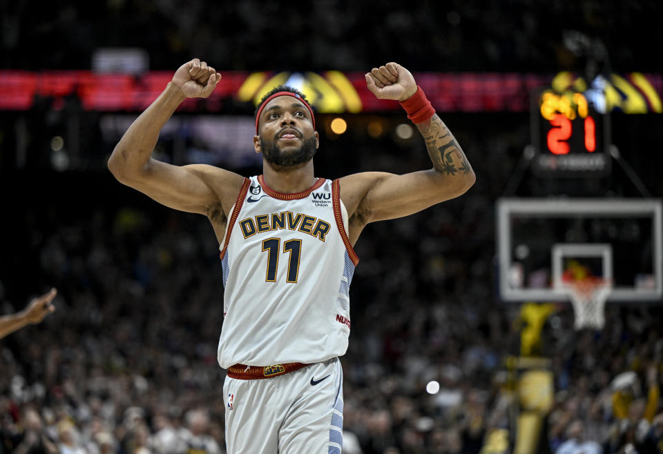 DENVER, CO - JUNE 12: Bruce Brown (11) of the Denver Nuggets celebrates in the final seconds of the fourth quarter during the Nuggets' 94-89 NBA Finals clinching win over the Miami Heat at Ball Arena in Denver on Monday, June 12, 2023. (Photo by AAron Ontiveroz/The Denver Post)