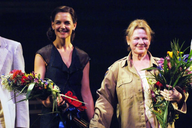 Dianne Wiest, seen with Katie Holmes on stage, stars in "Apartment 7A." File Photo by Ezio Petersen/UPI