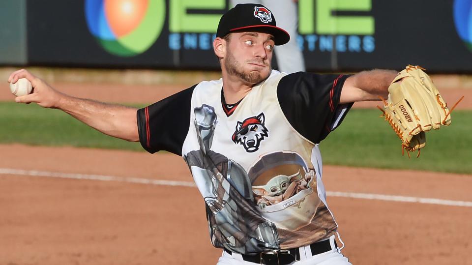 Erie SeaWolves pitcher Blake Holub throws against the Akron RubberDucks at UPMC Park in Erie on June 30, 2023.