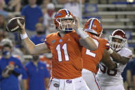 Florida quarterback Kyle Trask (11) looks to throw a pass during the first half of an NCAA college football game against Arkansas, Saturday, Nov. 14, 2020, in Gainesville, Fla. (AP Photo/Phelan M. Ebenhack)