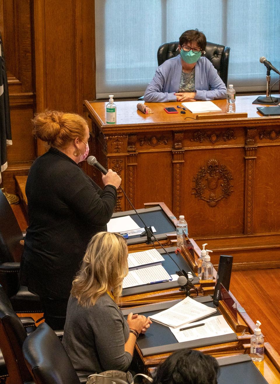 School Committee member and superintendent Ad Hoc Search Committee chair Molly O. McCullough speaks during a meeting at City Hall.