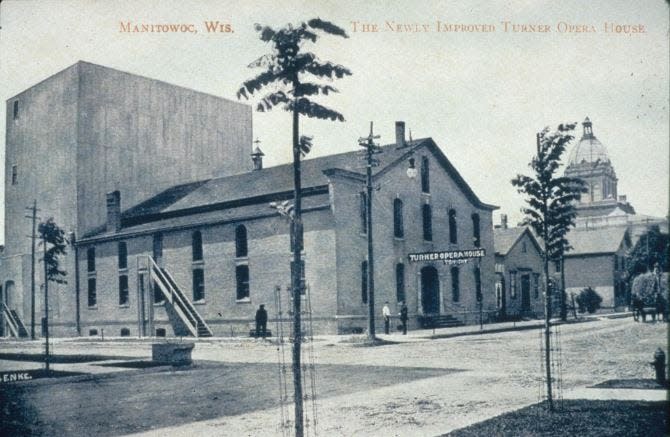 Turner Hall, circa 1910, located at Washington and South Seventh streets in Manitowoc. This shows the newly updated building with the stage addition, which was added around 1908.